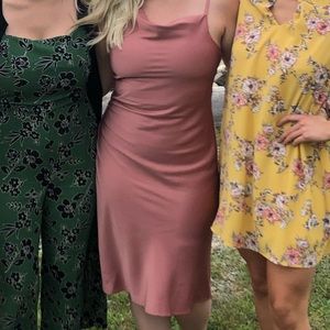 Lulus candlelit romance mauve pink satin asymmetrical midi dress